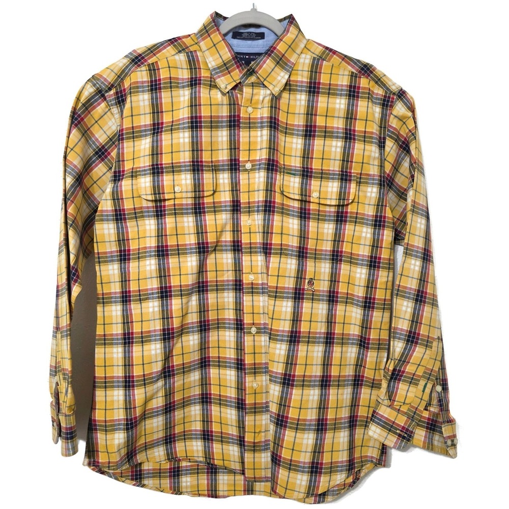 Tommy Hilfiger Shirt Mens‎ Large Yellow Plaid Long Sleeve Button Front Casual